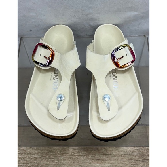 Birkenstock Shoes - Birkenstock Gizeh White Suede Rainbow Buckle Thong Sandals Women's Size 38  US 7